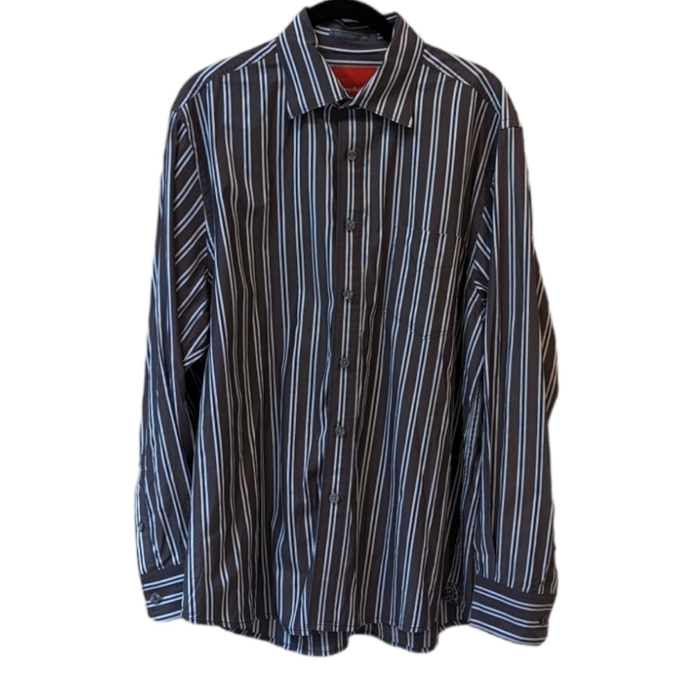 TOMMY Bahama Long Sleeved Grey/White Striped Button Up Men's Dress Shirt (L)